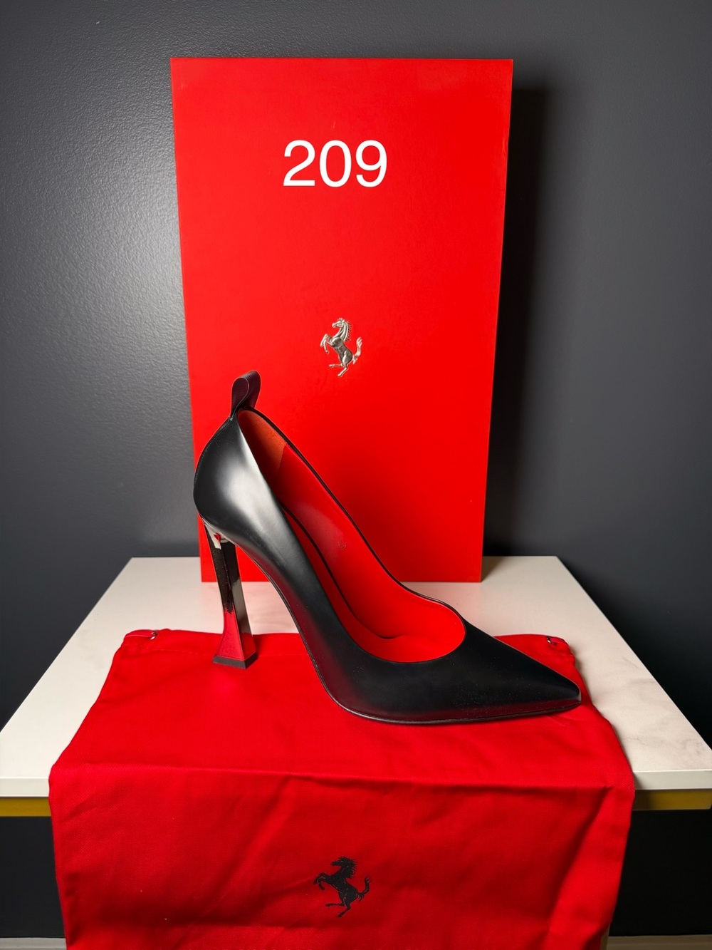 Ferrari Black Leather Pointed-Toe Stiletto with Red Interior